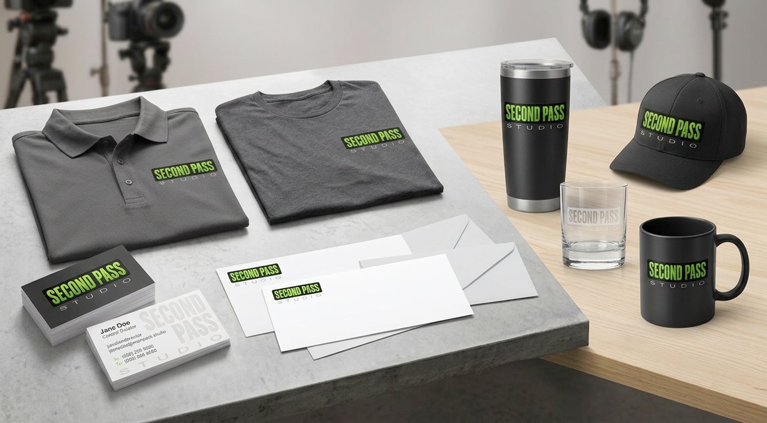 Second Pass Studio company swag.