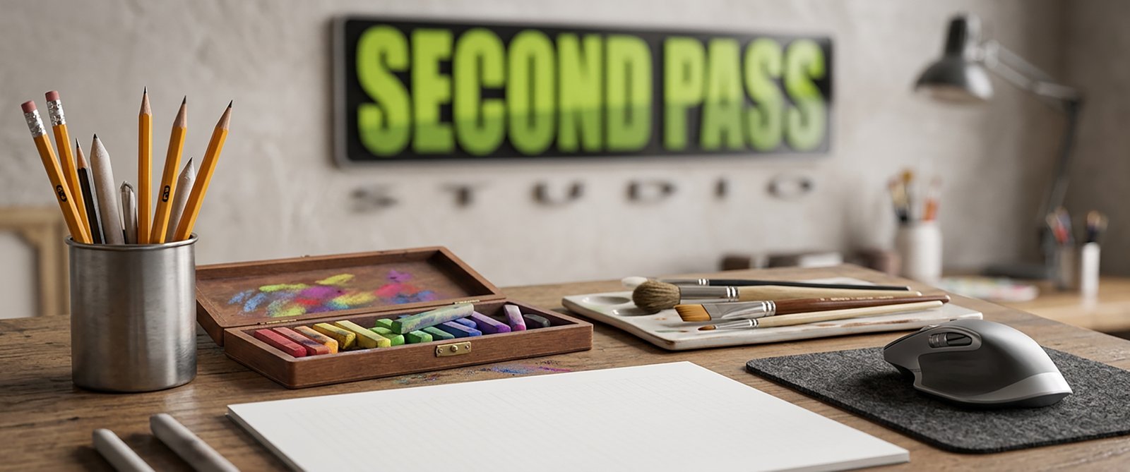 Second Pass Studio artist table long.