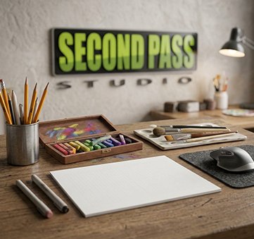 Second Pass Studio artist table.